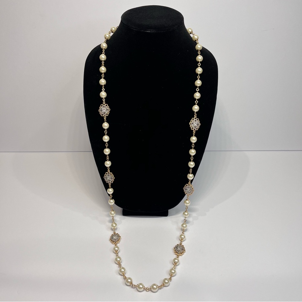 Charter Club 42” Pearl and Crystal Filigree Gold and Silver tone Necklace - NWOT